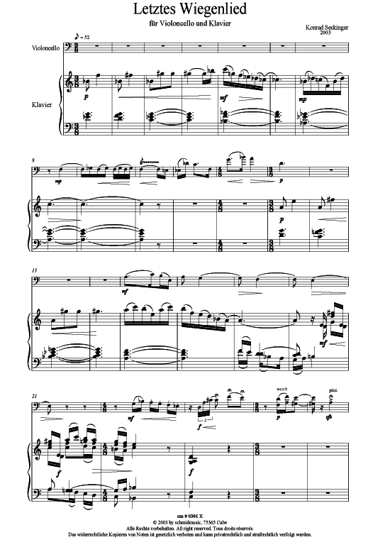 Letztes Wiegenlied (Violoncello + Klavier) (Klavier  Violoncello) von Konrad Seckinger