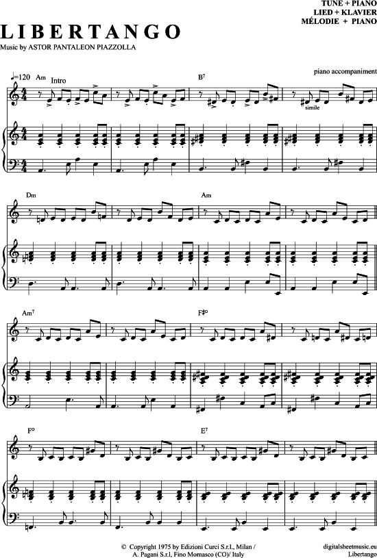 Libertango (Klavier Begleitung + Gesang) (Klavier Gesang  Gitarre) von Astor Piazzolla