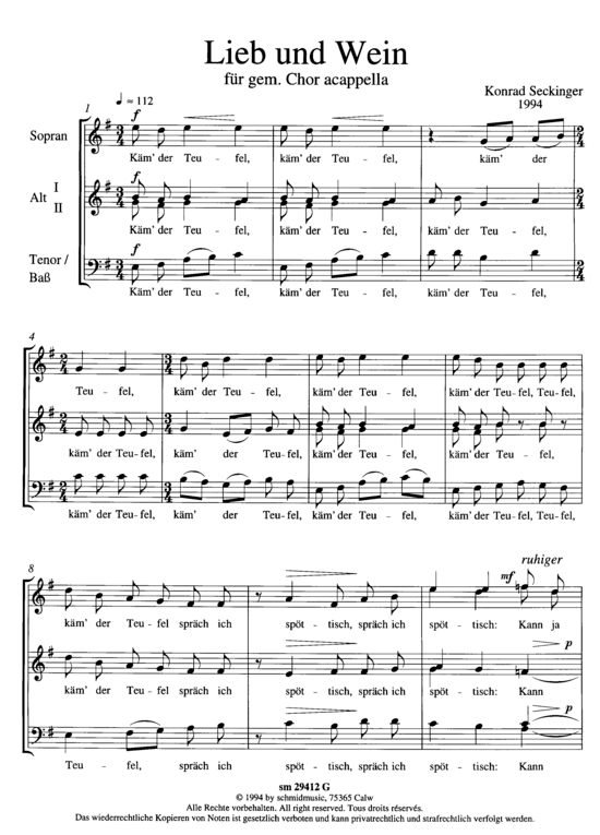 Lieb und Wein (Gemischter Chor SAATB) (Gemischter Chor (5 stimmig)) von Konrad Seckinger (Weinlied)