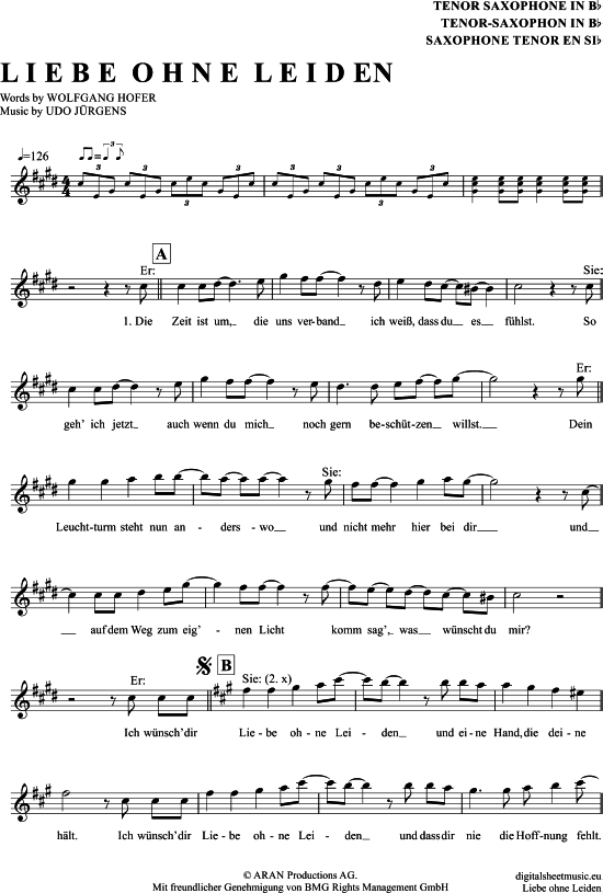 Liebe Ohne Leiden (Tenor-Sax) (Tenor Saxophon) von Udo J rgens