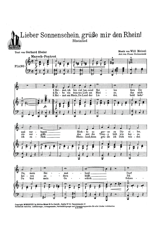 Lieber Sonnenschein gr uuml szlig e mir den Rhein (Klavier + Gesang) (Klavier Gesang  Gitarre) von Rheinlied