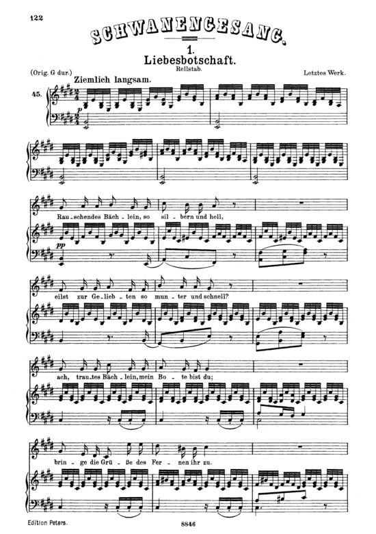 Liebesbotschaft D.957-1 (Schwanengesang) (Gesang mittel + Klavier) (Klavier  Gesang mittel) von Schubert Franz
