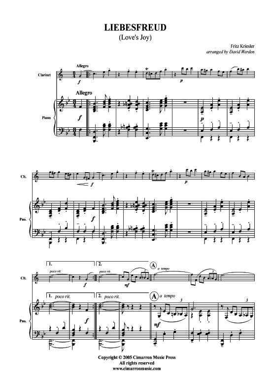 Liebesfreud (Klarinette in B + Klavier) (Klavier  Klarinette) von Fritz Kreisler
