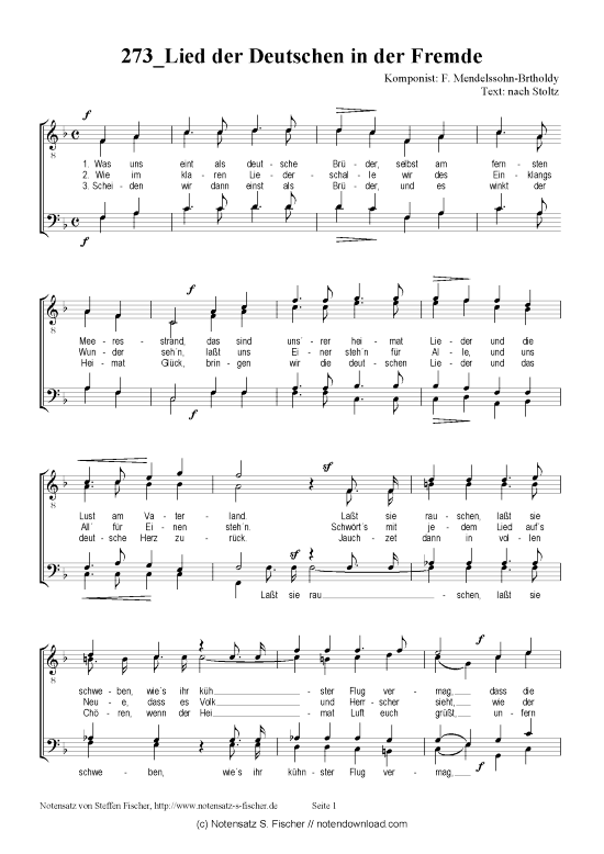 Lied der Deutschen in der Fremde (M nnerchor) (M nnerchor) von F. Mendelssohn-Brtholdy  nach Stoltz 
