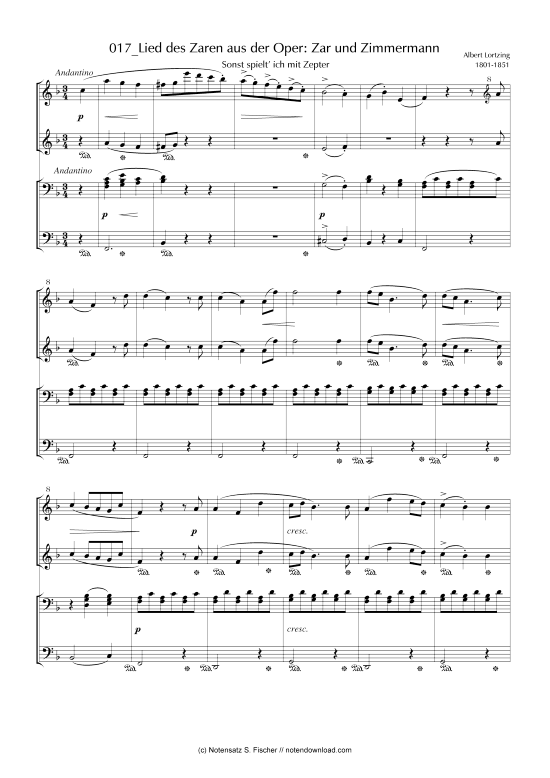 Lied des Zaren aus der Oper Zar und Zimmermann Sonst spielt ich mit Zepter (Klavier vierh ndig) (Klavier vierh ndig) von Albert Lortzing 1801-1851 