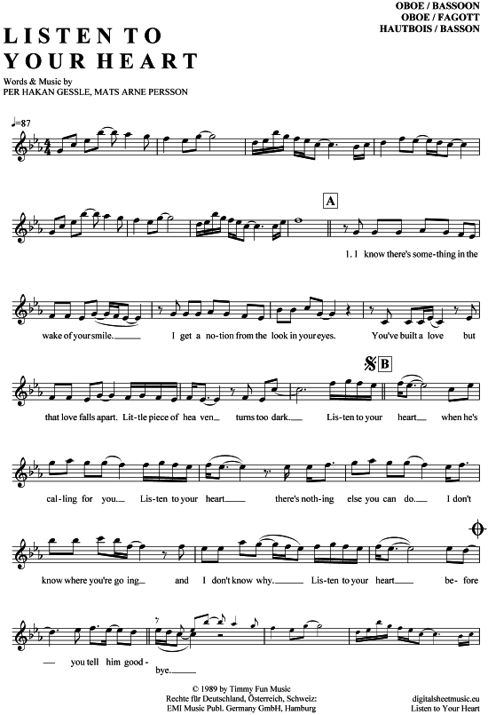 Listen to your heart (Oboe  Fagott) (Oboe Fagott) von Roxette