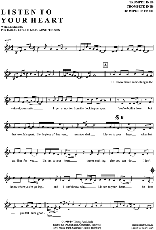 Listen to your heart (Trompete in B) (Trompete) von Roxette