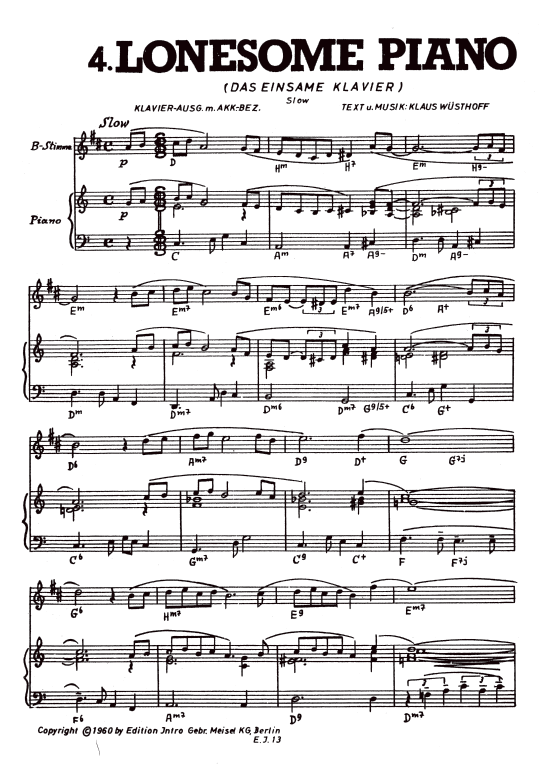 Lonesome Piano (Klavier + Stimme in B) (Klavier  Melodieinstr.) von Klaus W sthoff