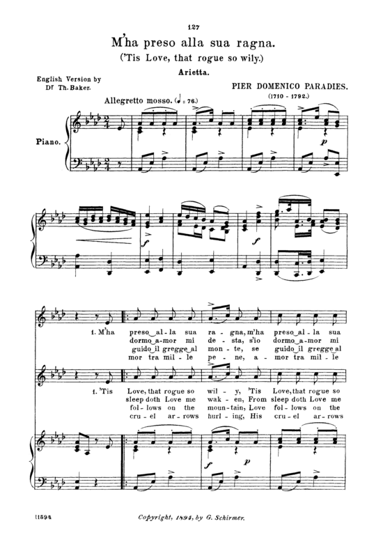 M ha preso alla sua ragna (Gesang mittel + Klavier) (Klavier  Gesang mittel) von Pietro Paradies