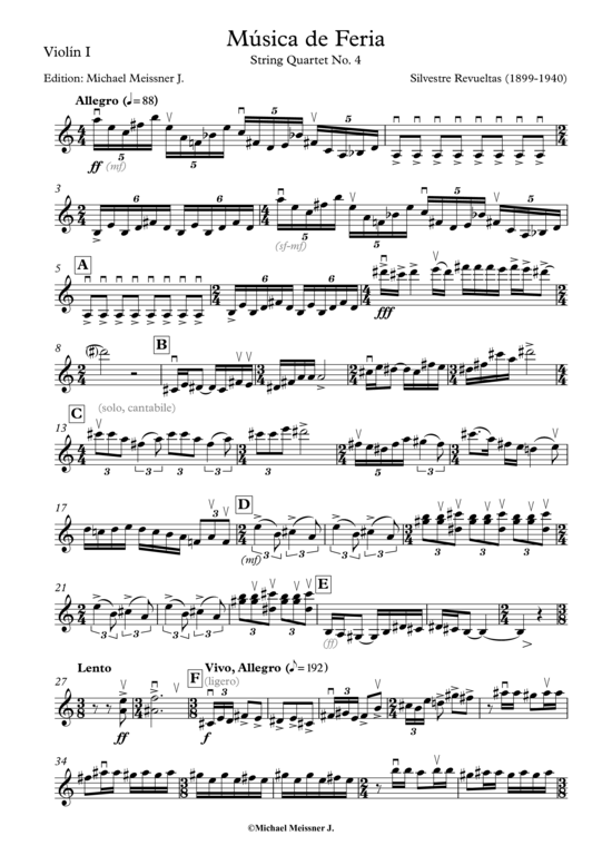 M uacute sica de Feria (Violine 1) (Quartett (Streicher)) von Silvestre Revueltas (nur Einzelstimme)