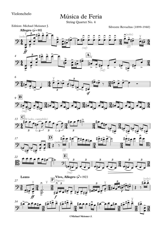 M uacute sica de Feria (Violoncello) (Quartett (Streicher)) von Silvestre Revueltas (nur Einzelstimme)