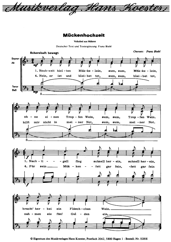 M uuml ckenhochzeit (Gemischter Chor) (Gemischter Chor) von Volkslied aus M auml hren (Satz Franz Biebl)