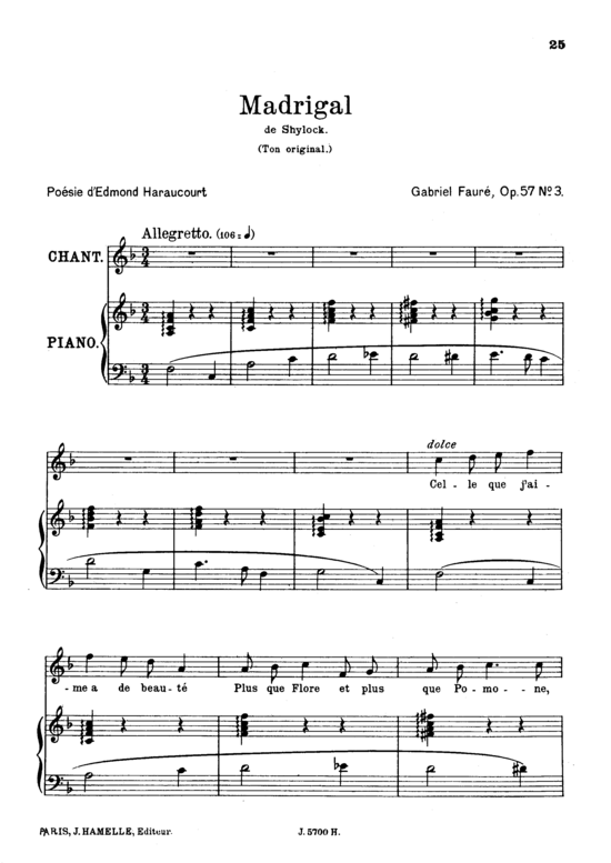 Madrigal Op.57 No.3 (Gesang hoch + Klavier) (Klavier  Gesang hoch) von Gabriel Faur eacute 