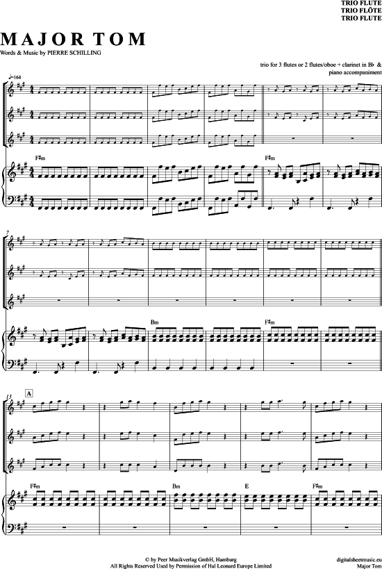 Major Tom (Fl ten Trio + Klavier) (Trio (Fl te)) von Peter Schilling