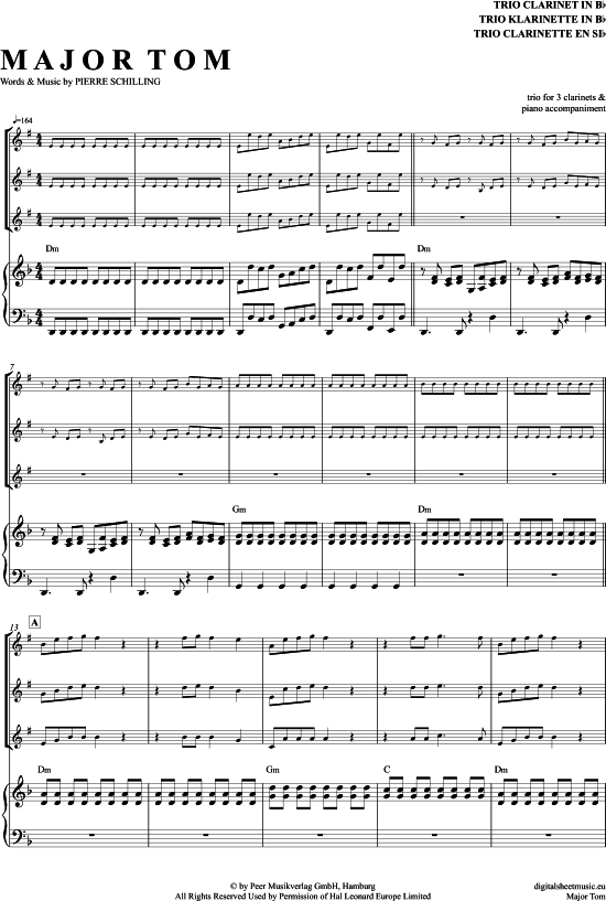 Major Tom (Klarinetten Trio + Klavier) (Trio (Klarinette)) von Peter Schilling