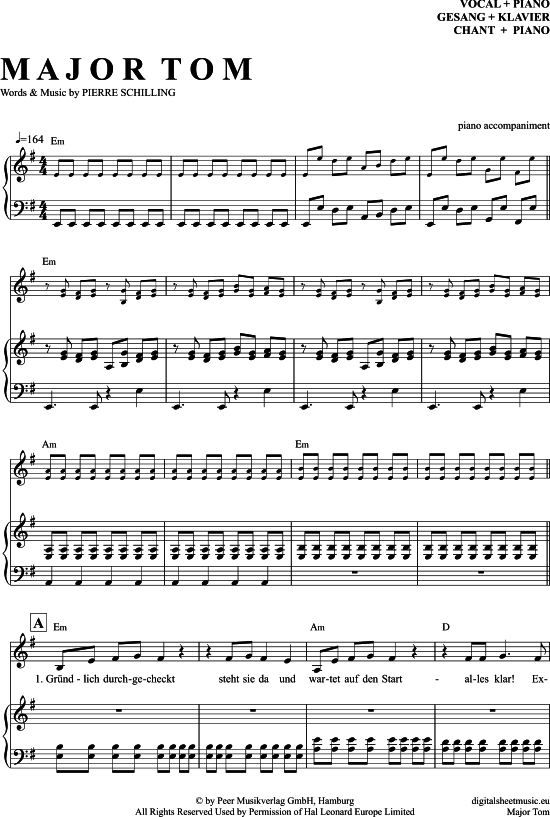 Major Tom (Klavier Begleitung + Gesang) (Klavier Gesang  Gitarre) von Peter Schilling