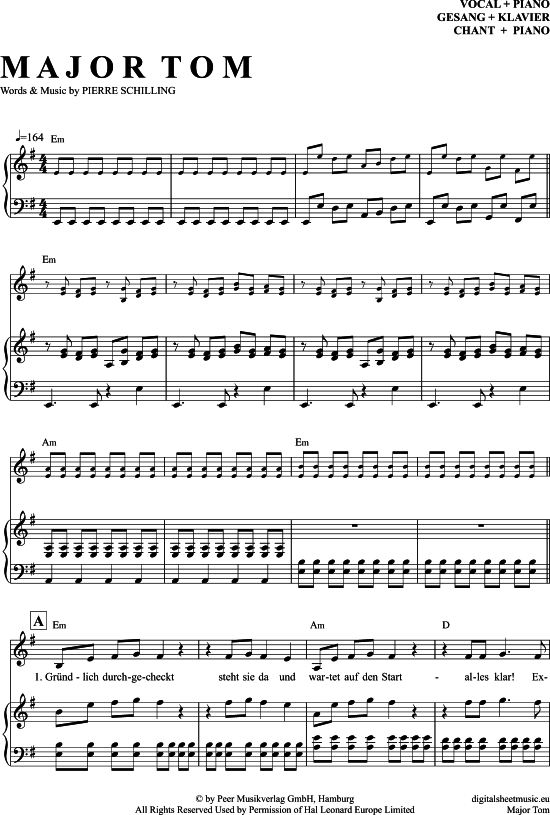 Major Tom (Klavier + Gesang) (Klavier Gesang  Gitarre) von Peter Schilling