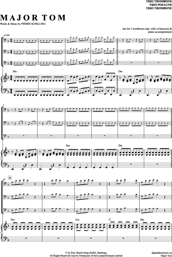 Major Tom (Posaunen Trio + Klavier) (Trio (Posaune)) von Peter Schilling