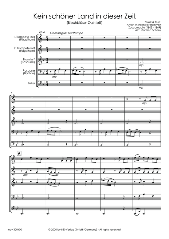 Kein sch ner Land in dieser Zeit (Blechbl ser Quintett) (Quintett (Blech Brass)) von Manfred Schenk (arr.)