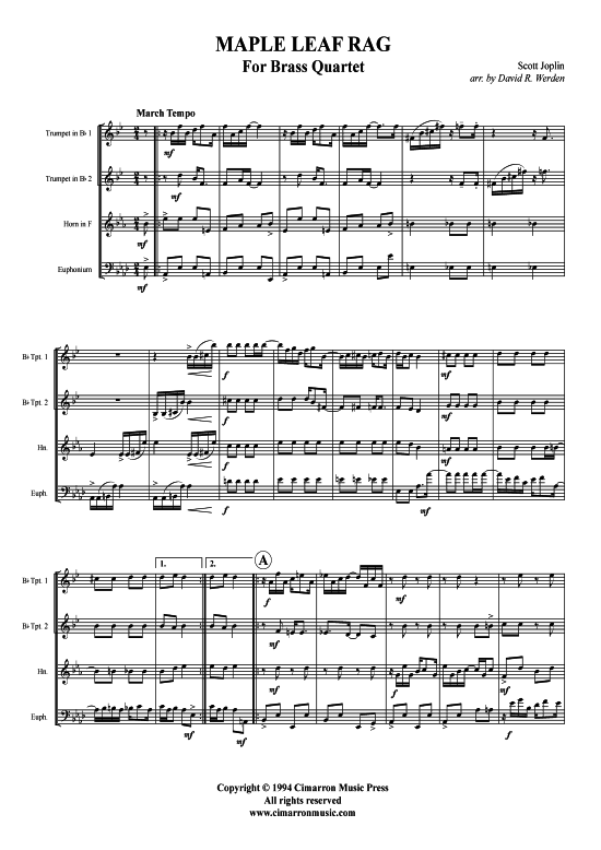 Maple Leaf Rag (2x Tromp in B Horn Bariton Pos) (Quartett (Blech Brass)) von Scott Joplin