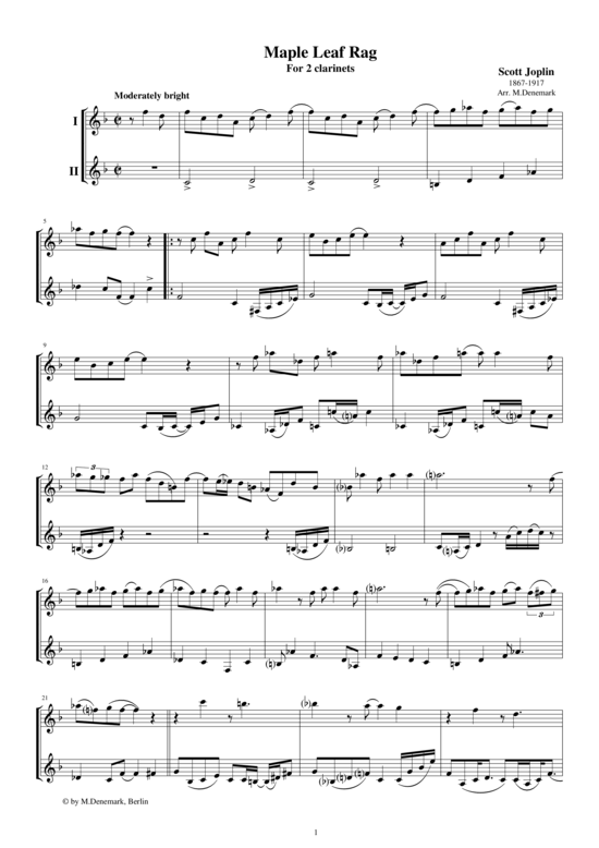 Maple Leaf Rag f r zwei Klarinetten (Duett (Klarinette)) von Scott Joplin