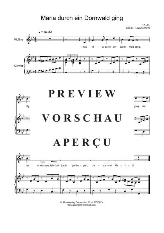 Maria durch ein Dornwald ging G-Moll (Violine + Klavier) (Klavier  Violine) von Franz Zaunschirm