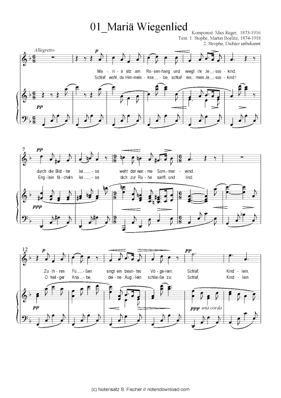 Mari Wiegenlied (Klavier + Gesang) (Klavier  Gesang) von Max Reger 1873-1916  1. Stophe Martin Boelitz 1874-1918 2. Strophe Dichter unbekannt