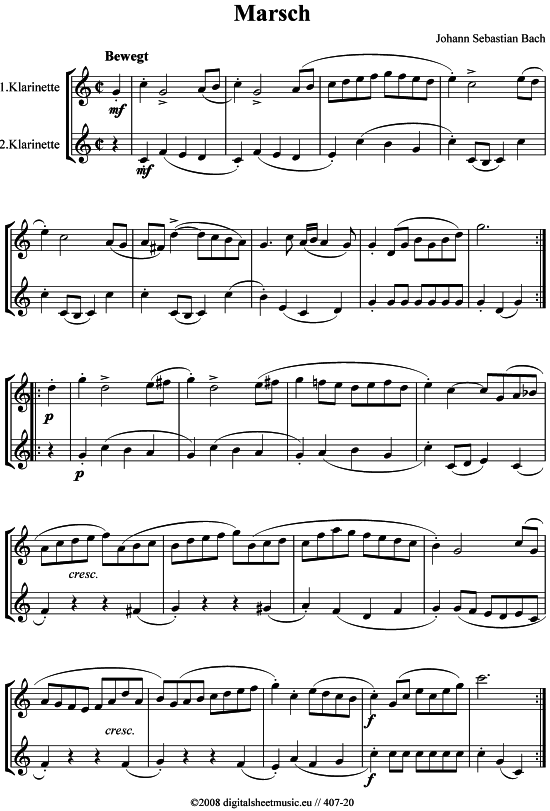 Marsch - Duett (2 Klar) (Klarinette) von Johann Sebastian Bach