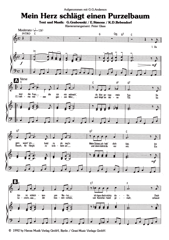 Mein Herz schl auml gt einen Purzelbaum (Klavier + Gesang) (Klavier Gesang  Gitarre) von G.G. Anderson