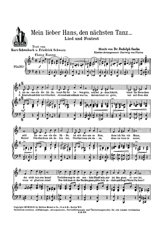 Mein lieber Hans den n auml chsten Tanz (Klavier + Gesang) (Klavier Gesang  Gitarre) von Lied und Foxtrott