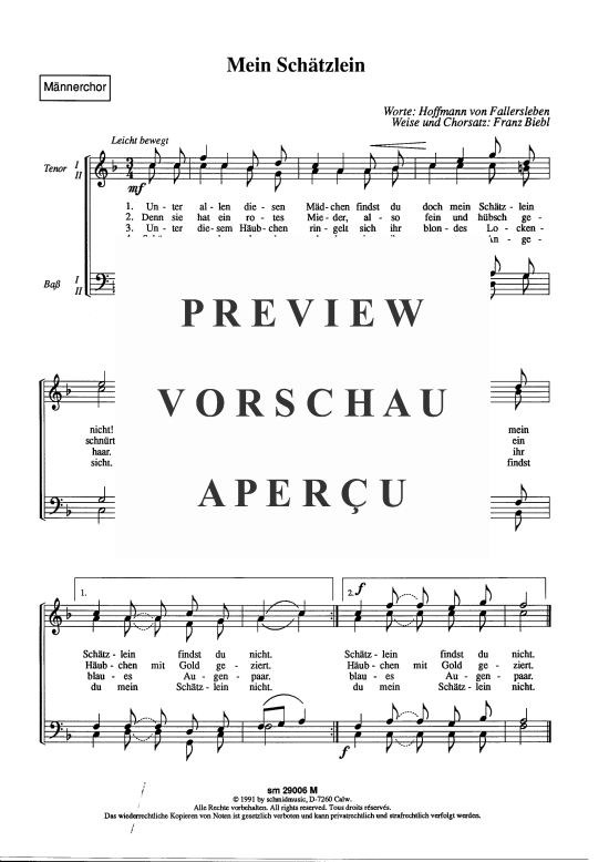 Mein Sch auml tzlein (M auml nnerchor) (M nnerchor) von Franz Biebl