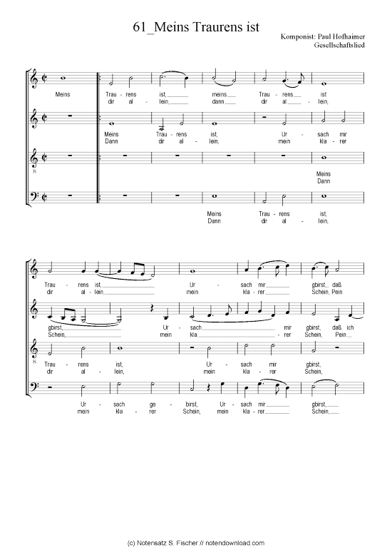 Meins Traurens ist (Gemischter Chor) (Gemischter Chor) von Paul Hofhaimer Gesellschaftslied