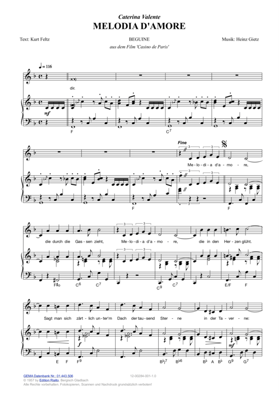 Melodia d amore (Klavier + Gesang) (Klavier Gesang  Gitarre) von Caterina Valente