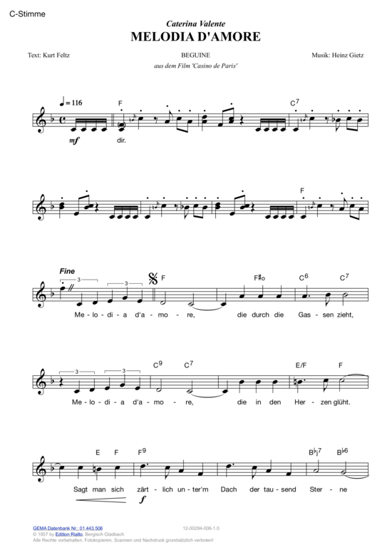 Melodia d amore (Melodie-Stimmen in C B Es) (Stimmen in C B Es) von Caterina Valente