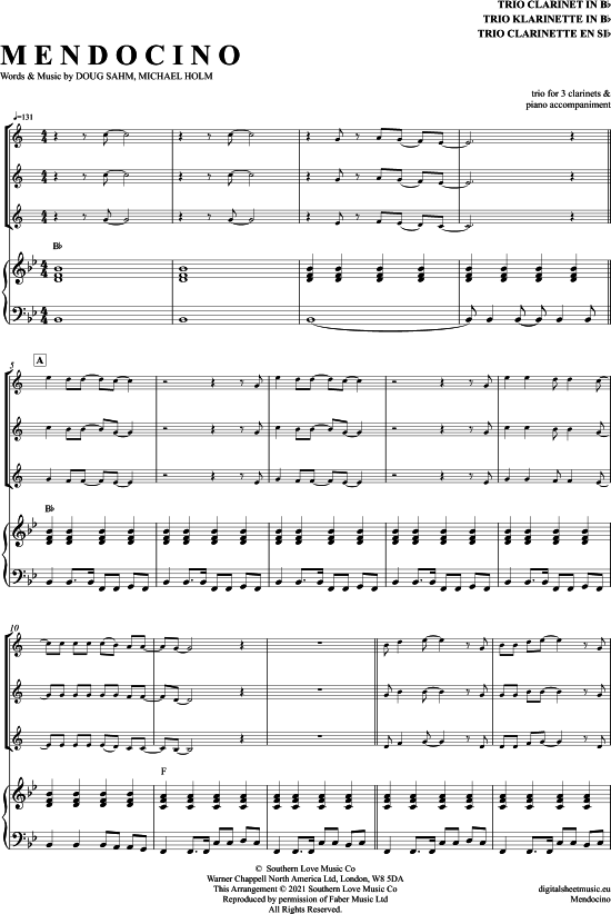 Mendocino (Klarinetten Trio + Klavier) (Trio (Klarinette)) von Michael Holm