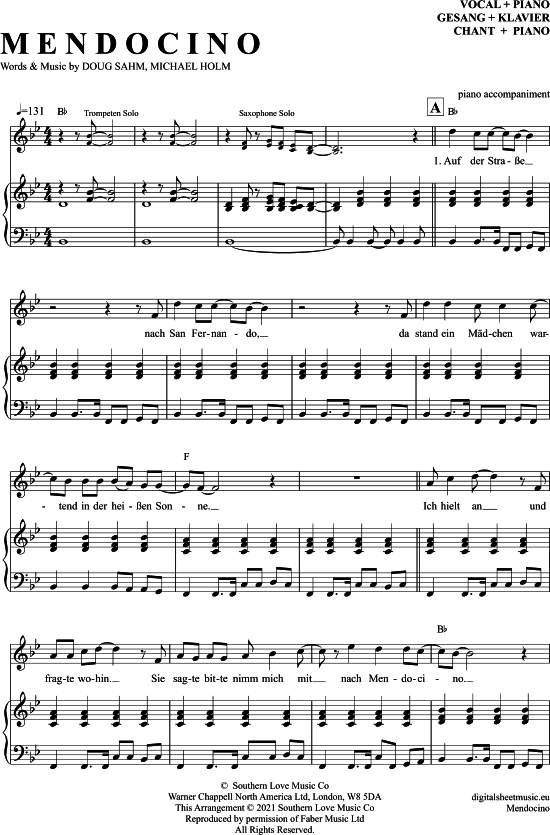 Mendocino (Klavier Begleitung + Gesang) (Klavier Gesang  Gitarre) von Michael Holm