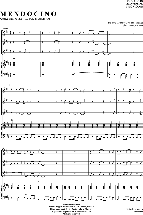 Mendocino (Violinen Trio + Klavier) (Trio (Violine)) von Michael Holm