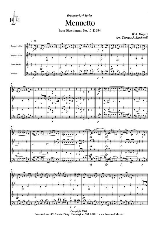 Menuett (2xTromp in B Horn in F (Pos) Pos) (Quartett (Blech Brass)) von W. A. Mozart (Divertimento Nr. 17 K 334)