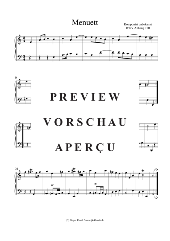 Menuett aus dem Notenbuch Anna M. Bach (BWV Anhang 120) (Klavier Cembalo Solo) (Klavier Solo) von unbekannt