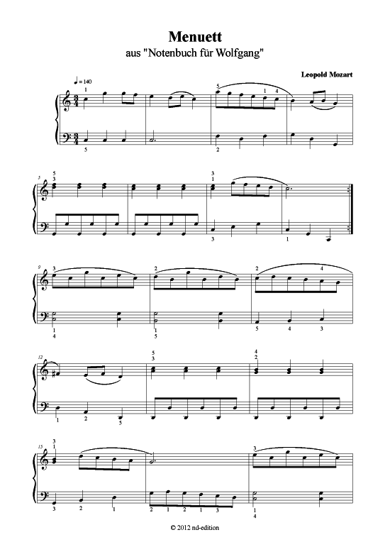 Menuett C-Dur (Klavier solo einfach) (Klavier einfach) von Leopold Mozart (bearb. aus Notenb chlein f r Wolgang)