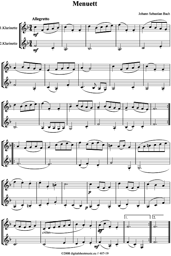 Menuett - Duett (2 Klar) (Klarinette) von Johann Sebastian Bach