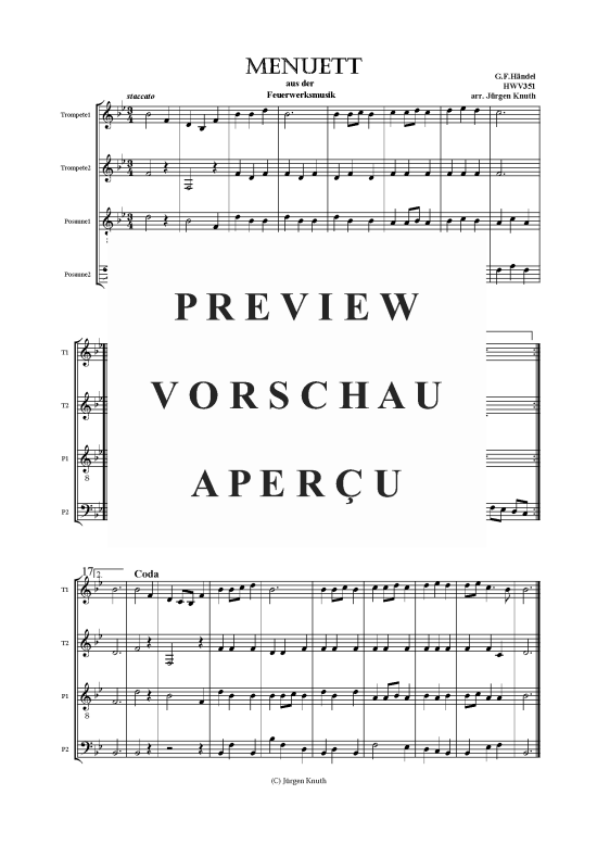 Menuett HWV351 (Blechbl ser Quartett 2xTRP 2x POS) (Quartett (Blech Brass)) von G.F.H ndel (aus Feuerwerksmusik)