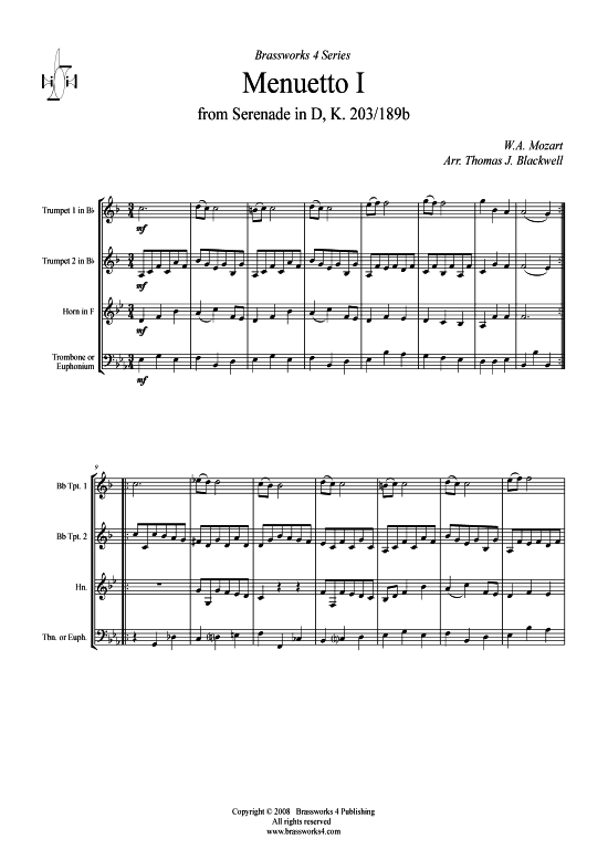 Menuetto I aus Serenade in D (2xTromp in B Horn in F (Pos) Pos) (Quartett (Blech Brass)) von W. A. Mozart (K 203 189b)