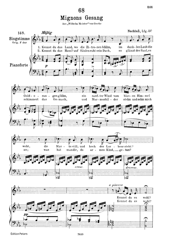 Mignon D.321 Kennst du das Land (Gesang tief + Klavier) (Klavier  Gesang tief) von Franz Schubert