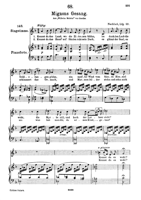 Mignons Gesang D.321 Kennst du das Land (Gesang hoch + Klavier) (Klavier  Gesang hoch) von Franz Schubert