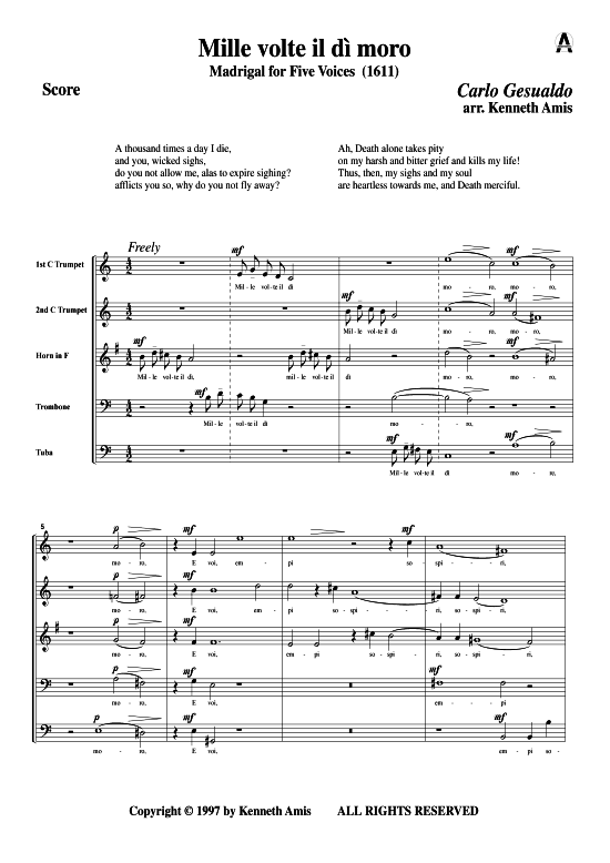 Mille volte il di moro (Blechbl serquintett) (Quintett (Blech Brass)) von Carlo Gesualdo (Madrigale 1611)