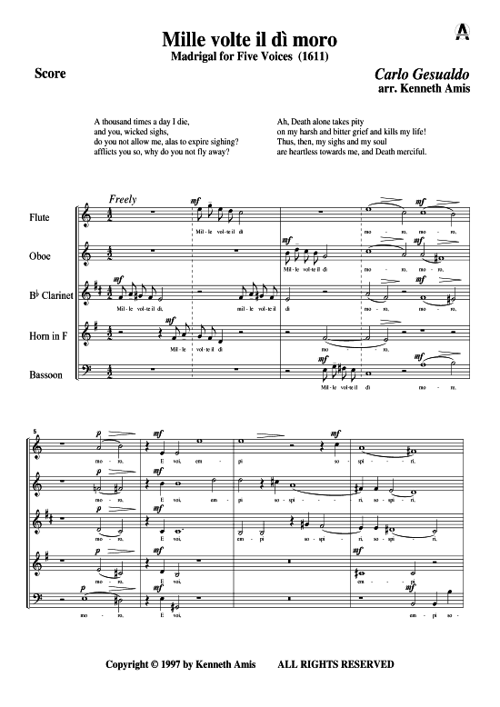 Mille volte il di moro (Holzbl serquintett) (Quintett (Holzbl ser)) von Carlo Gesualdo (Madrigale 1611)