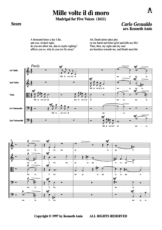 Mille volte il di moro (Streichquintett) (Quintett (Streicher)) von Carlo Gesualdo (Madrigale 1611)