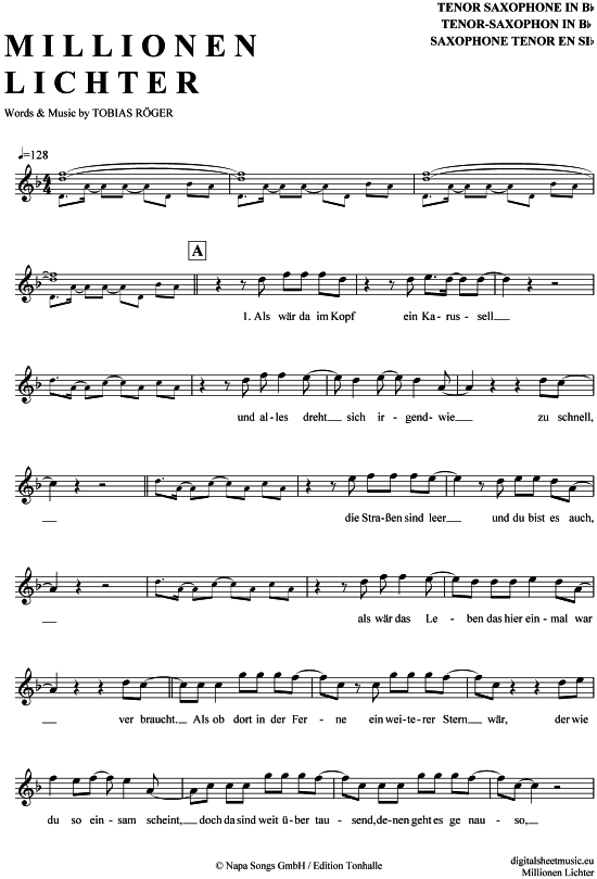 Millionen Lichter (Tenor-Sax) (Tenor Saxophon) von Christina St uuml rmer