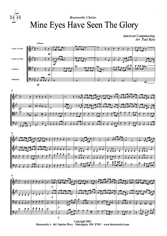 Mine Eyes Have Seen the Glory (2xTromp in B Horn in F (Pos) Pos) (Quartett (Blech Brass)) von Traditional